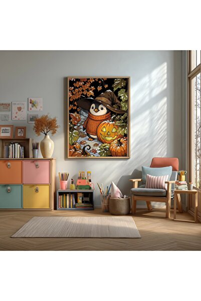 KEYFHOME Poster de pictură MDF înrămat cu pinguin drăguț de Halloween, cadou ...