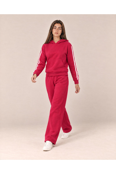 TOP CLOTHE طقم نسائي رياضي هودي وبنطال واسع بخطوط جانبية