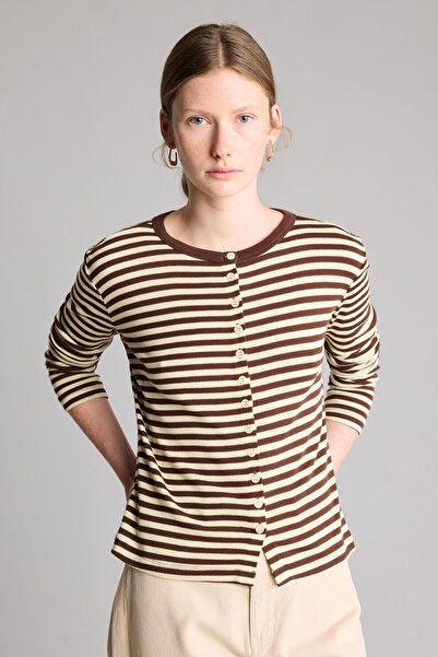 DeFacto Slim Fit Crew Neck Rib Buttoned Striped Long Sleeve T-Shirt I9577Ax26Au