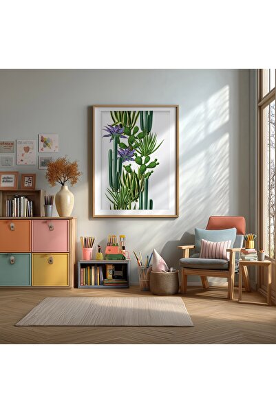 KEYFHOME Poster de pictură MDF înrămat cu cactus și flori, cadou pentru decor...