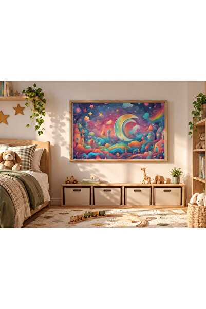 KEYFHOME Colorat Fantastic Noapte Semilună Orizontală Încadrat MDF Tablou Pos...