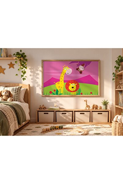 KEYFHOME Poster cu pictură MDF cu fundal roz cu girafă și leu, cadou pentru d...