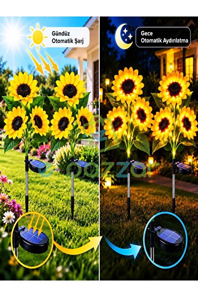 epazzar 4 Adet Gerçekçi 3 Dal Ayçiçeği Solar Panelli Bahçe Balkon Teras Veranda Aydınlatma Günışığı Led Işık