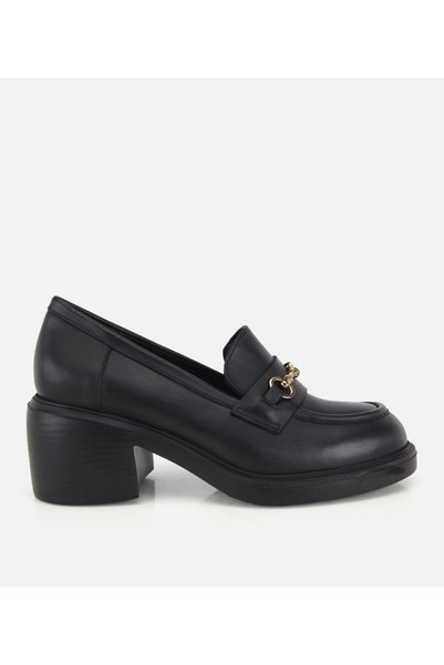 Hotiç Kadın Deri Siyah Tokalı Klasik Topuklu Loafer