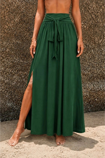 Generic Brand Women's High Waist Belted Long Sandy Skirt with Side Slits