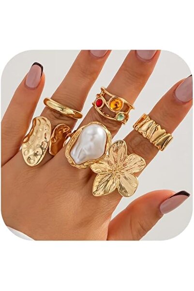 Arabest 14K Gold Plated Chunky Rings Set for Women,Dome Twisted Signet,Open B...