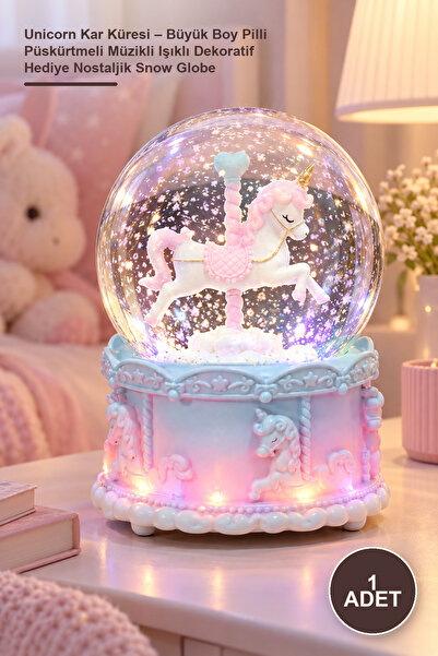 1 Adet Unicorn Kar Küresi – Büyük Boy Pilli Püskürtmeli Müzikli Işıklı Dekoratif Hediye Nostaljik Snow Globe