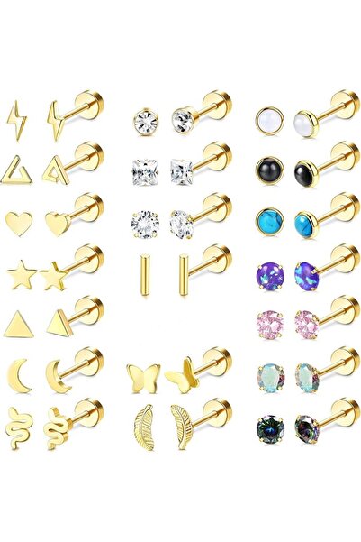 Novax 21 Pairs Stainless Steel Stud Women's Multi-Pack Cartilage Earrings, Op...