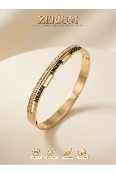 ZERİUM 316L Steel Women's Handcuff Bracelet with Roman Numerals and Double Row Zircon Stone Design