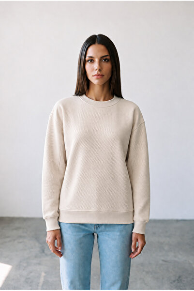 Amia&Co. Hanorac de damă bej, cu gât tip crewneck, cu textură diagonală, de bază