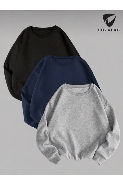 Siyah Gri Lacivert 3lü Bisiklet Yakalı Düz Swetshirt
