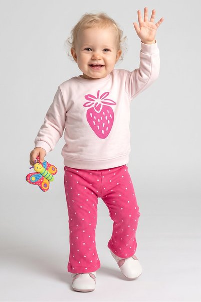 Dmb Kız Bebek - Çocuk Çilek Baskılı Sweatshirt ve Puantiyeli Fitilli Taytlı İkili Takım