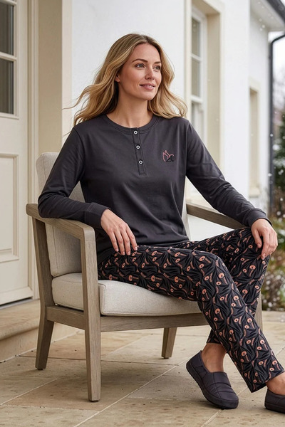 ANGELİNA Women's Smoked Patterned Long Sleeve Combed Cotton 100% Cotton Fabri...