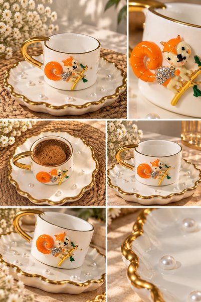 luxurychampagnetr Stone Embellished Turkish Coffee Cup Set with Fox Figure and Gold Detail
