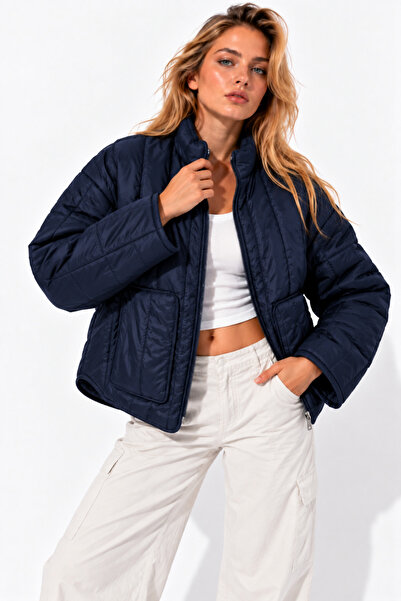 WILD BEE Women's Navy Blue Quilted Foldable Oversize Thin Coat