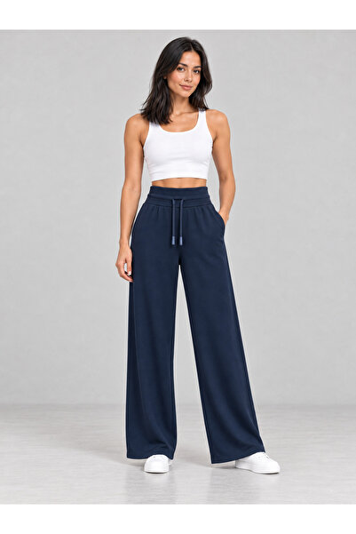 De Carte Women's High Waist Modal Fabric Wide Leg Lace-Up Sweatpants with Dou...