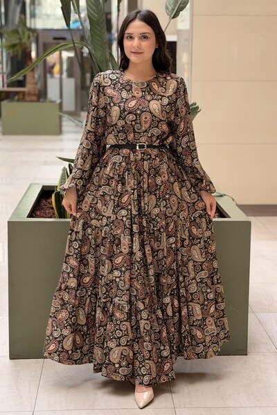 Ceremony Waist Belted Shawl Patterned Dress