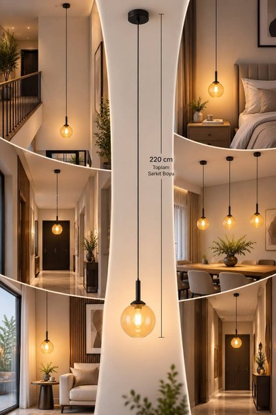 VENON Feris Tekli Avize SİYAH GÖVDE ✨ 220 CM ✨ BAL GLOP CAMLI || TAVAN MONTAJLI || Yatak Başı Modern Tasarım Salon Mutfak Yatak Odası Merdiven Boşluğu Yüksek Tavan Dubleks Villa Komodin Üstü Konsol Uzun