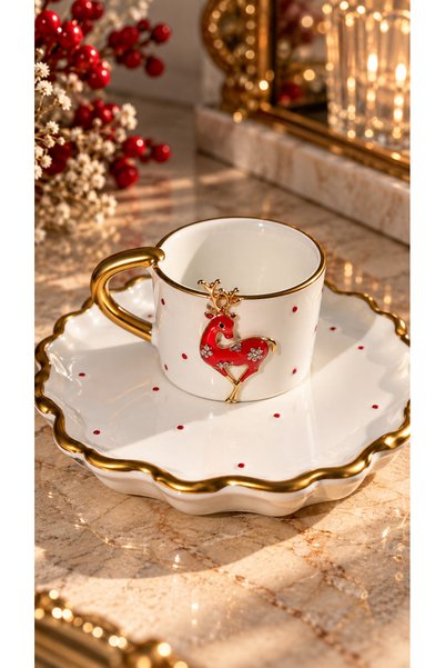 luxurychampagnetr Red Gold Detailed Turkish Coffee Cup Set with Deer Figures