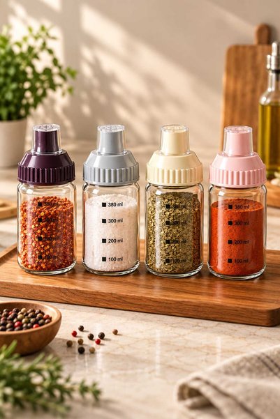 GUGGA Nuna - 4'lü Cam Baharatlık Seti 380 ml Delikli Kapak Ölçü Göstergeli Pr...