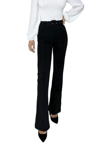 velve Pantaloni eleganți cu aspect mat, cu nervură la mijlocul piciorului, croială evazată și curea asortată, Negru, Mărimea L