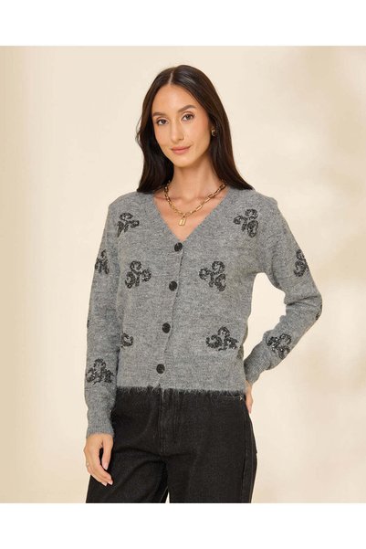REDTAG Women Grey Knit Cardigan With Front Button Closure