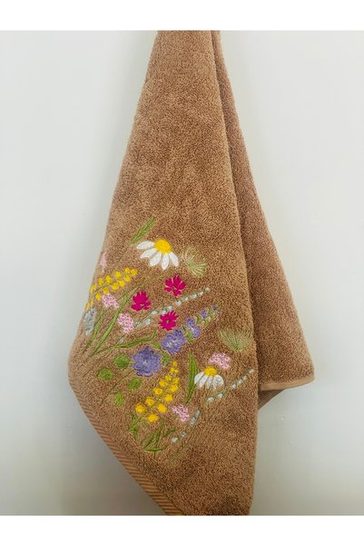 HOME OF BLOSSOM Caramel Color 100% Cotton Floral Botanical Embroidered Towel 50X90Cm