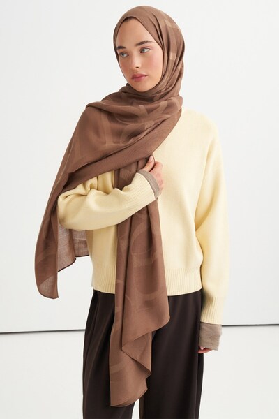 carell Icon Pattern Tencel Wool Viscose Shawl Soft Brown