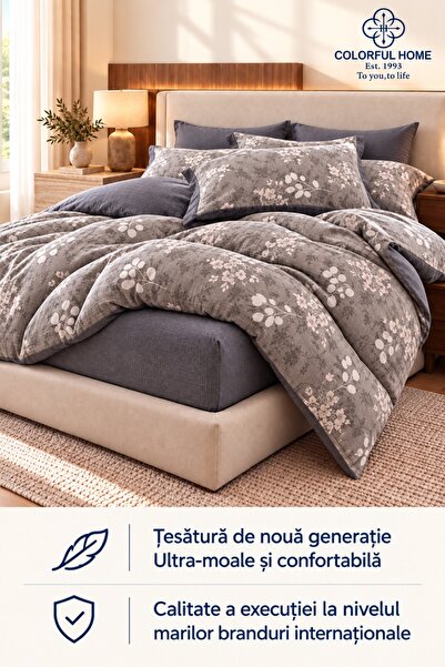 COLORFUL HOME Lenjerie de pat dublu, cu elastic, 4 piese, groasă, efect de in...