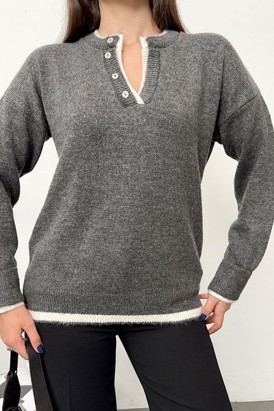 JEE LEE Women's V-Neck Button Detailed Knitwear Sweater Anthracite - 27K 2648