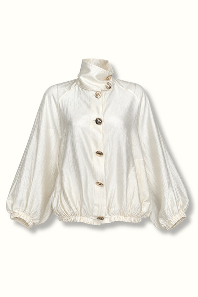 Sezgi Tekin Gold Button Detail Stand Collar Satin Ecru Jacket