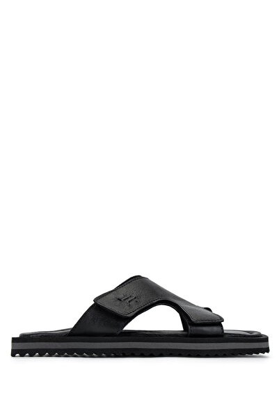 Tamer Tanca Men's Genuine Leather Black Flat Slippers