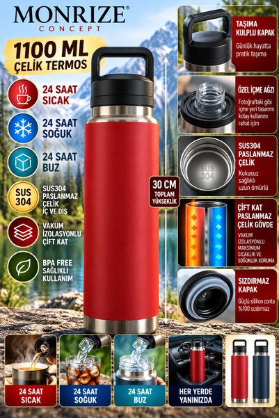 Monrize Concept 1100 ML Çelik Termos 24 Saat Sıcak Soğuk Tutan SUS304 Paslanm...