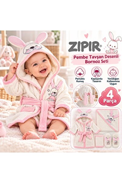 %100 Natural Premium Kalite Pamuklu Tavşan Desenli Yumuşak -Kapüşonlu Kız Bebek 4 Parça Bornoz Banyo Seti 0-24 Ay