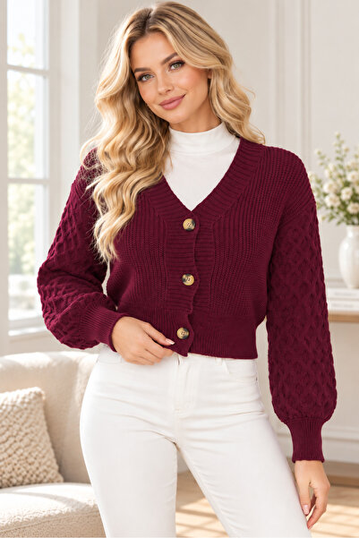 TRQOM Women's Long Sleeve Balloon Sleeve V-Neck Knit Detailed Buttoned Soft T...
