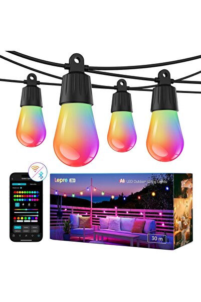 LEPRO Intelligent outdoor light string of 30m with 30 S14 LED bulbs, RGB + wa...