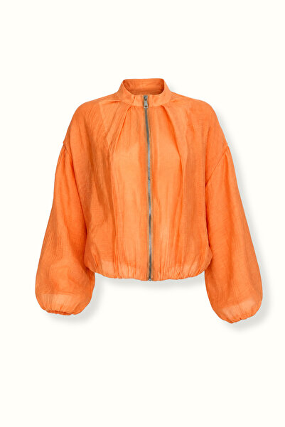 Sezgi Tekin Orange Bomber Jacket with High Collar and Zipper