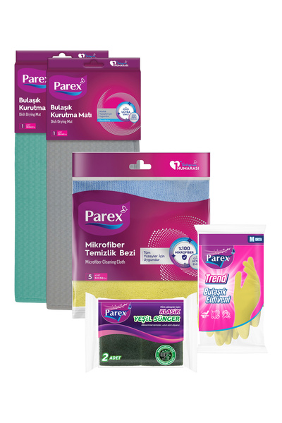Parex Pachet de 5: Covoraș pentru vase, burete, mănuși și cârpă din microfibră