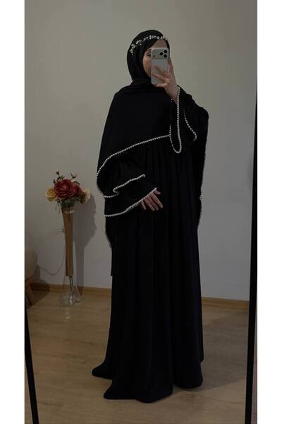 inci wears Medina Silk Two Layered Dress with Pearls on the Sleeves and Pearl Shawl
