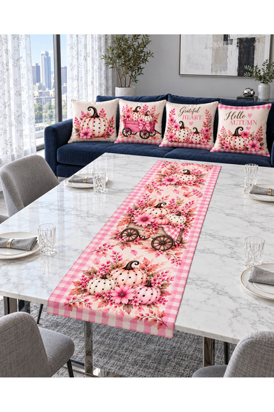 HOMESSA Pink Plaid Polka Dot Pumpkin Hello Autumn 4-Piece Throw Pillow Cover Runner Set