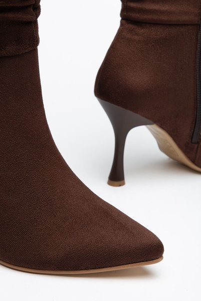 Hayalimdeki Ayakkabı Zehis Women's Brown Suede Drawstring Zippered Heeled Boots