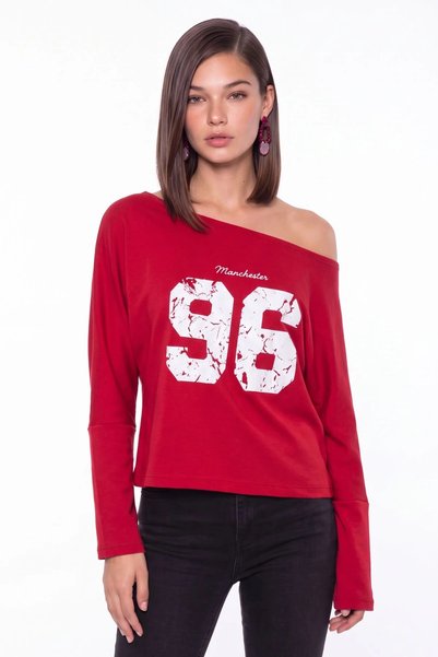 cemo Kadın Kayık Yaka Baskılı Crop Sweatshirt