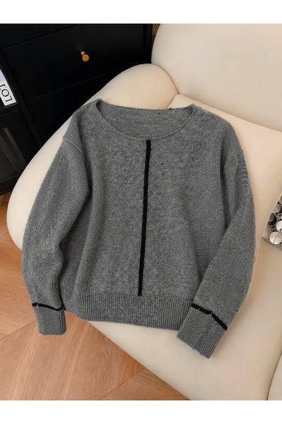 Hepsi Moda Minimal Stripe Detailed Boat Neck Knit Sweater - Gray