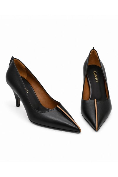 Vario Genuine Leather Pointed Toe Women's Heeled Shoes 053 Black (Black)