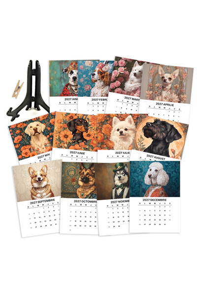 BUNILU Calendar de Masa 2027 cu Suport Negru, Calendar de Birou cu Caini, 12 File cu Ilustratii Elegante