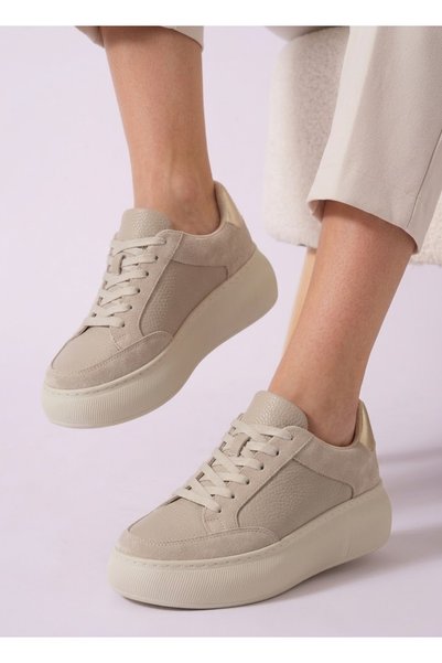 Luxenova Kadın Sneaker Bej Bağcıklı kalın Tabanlı Spor Ayakkabı