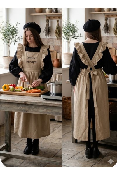 Hubb Beige Ruffled Vintage Apron Kitchen Apron Design Adjustable and Water Repellent