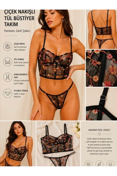 ÖZLEM&DONEX ÇİÇEK NAKIŞLI TÜL BÜSTİYER TAKIM