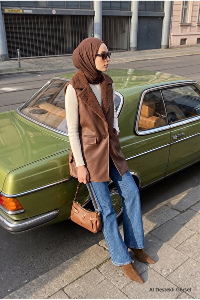 Avenna Kürklü Yaka Yandan Cepli Yelek 86 Cm Boy Taba 26KT549