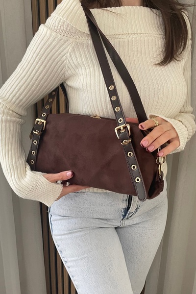 Fibag Women's Brown Suede Shoulder Bag - Hand and Shoulder Bag with Gold Detailed Interior Lining